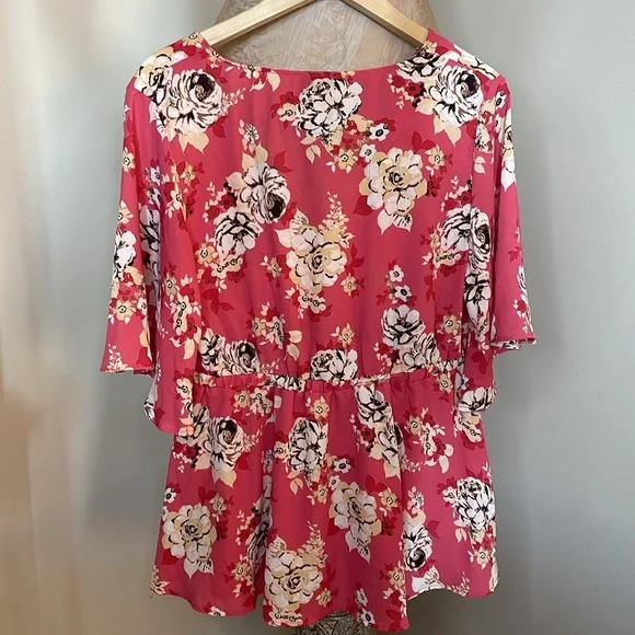 FLORAL WRAP GEORGETTE BABYDOLL BLOUSE CORAL Size 00 - Picture 5 of 15
